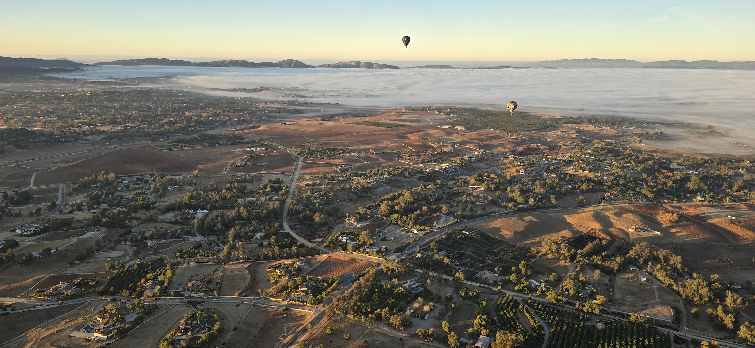 A sunrise view from a hot air balloon over Southern California