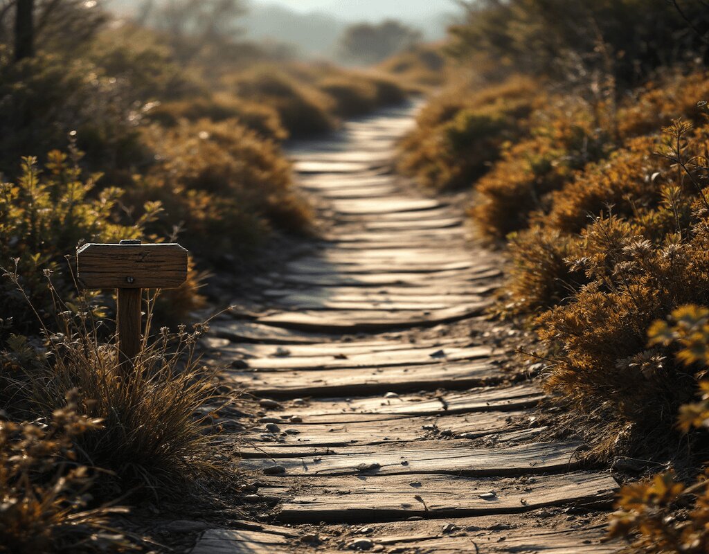 Winding wilderness path at golden hour